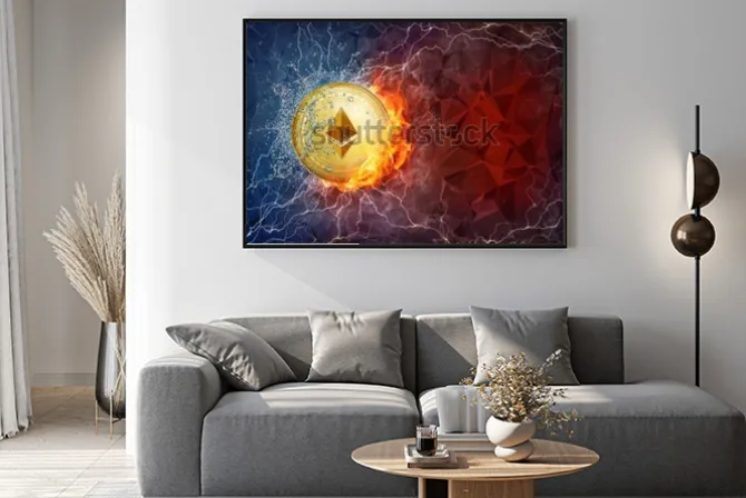 Plakat: Abstrakcyjna moneta w ogniu na abstrakcyjnym tle