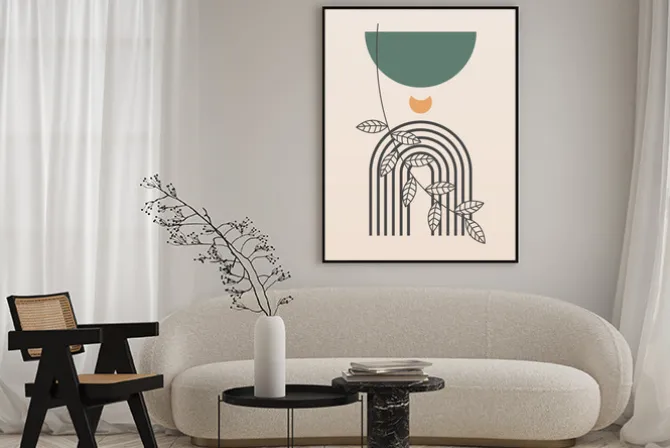 Plakat: Abstrakcyjne geometryczne kształty i roślinność