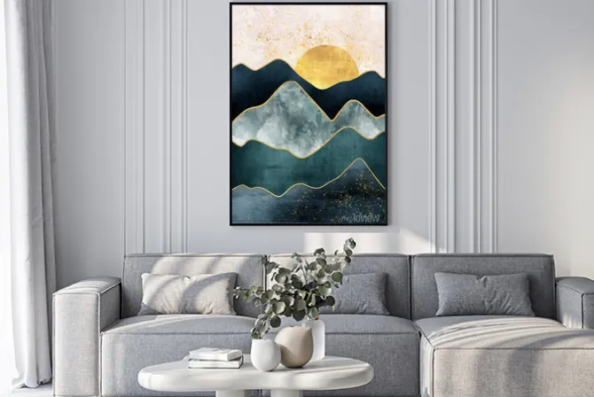 Plakat: Abstrakcyjny krajobraz z zachodem słońca w górach