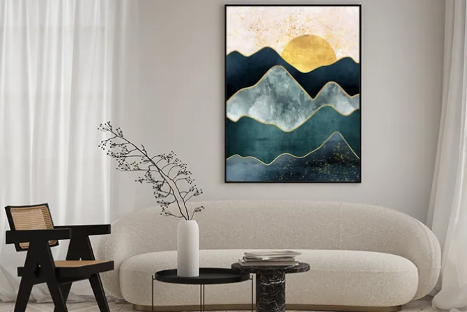 Plakat: Abstrakcyjny krajobraz z zachodem słońca w górach