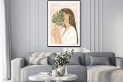 Plakat: Abstrakcyjny portret kobieta w stylu boho z liściem