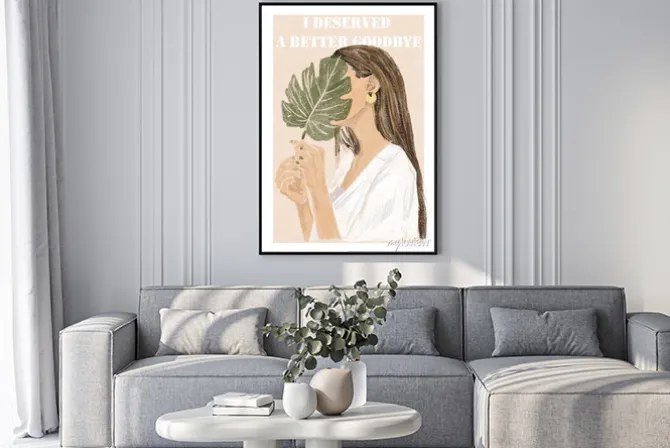 Plakat: Abstrakcyjny portret kobieta w stylu boho z liściem