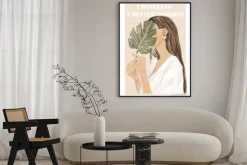 Plakat: Abstrakcyjny portret kobieta w stylu boho z liściem