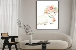 Plakat: Ładny akwarela owiec z dzwon i kwiatowy, bukiet kwiatów, wieniec