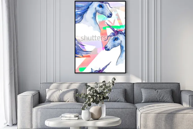 Plakat: Ładny jednorożec konia. bajkowe dzieci słodki sen. tęczowy wzór
