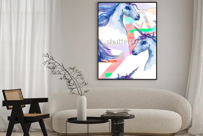 Plakat: Ładny jednorożec konia. bajkowe dzieci słodki sen. tęczowy wzór