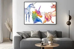 Plakat: Ładny jednorożec konia. bajkowe dzieci słodki sen. tęczowy róg