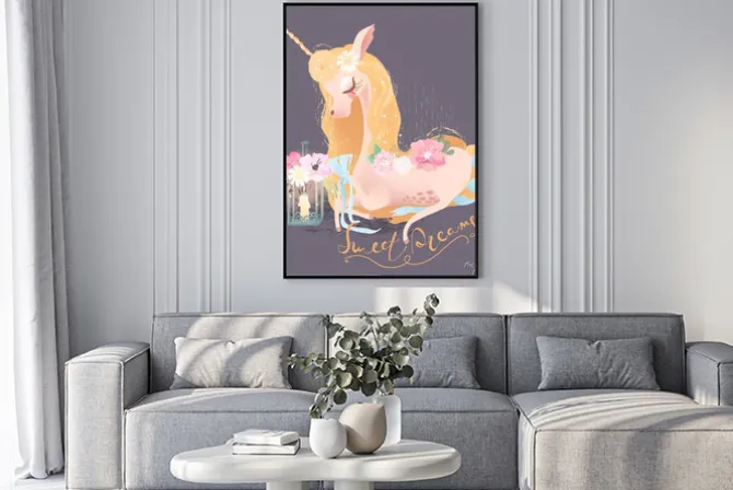 Plakat: Ładny, piękny jednorożec. księżniczka dziewczyna jednorożca w