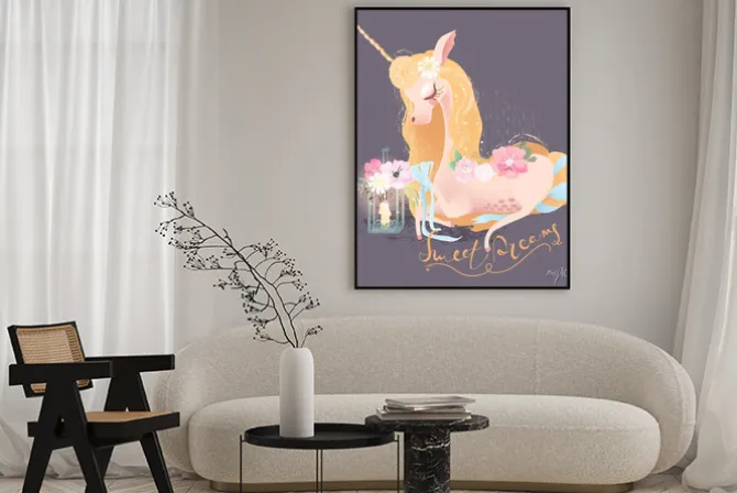 Plakat: Ładny, piękny jednorożec. księżniczka dziewczyna jednorożca w