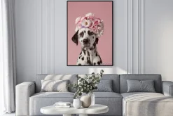 Plakat: Adorable dalmatian dog with wreath on pink background. dog portrait