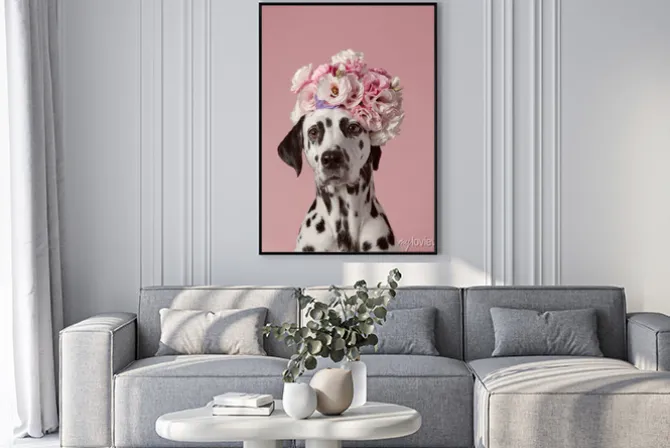 Plakat: Adorable dalmatian dog with wreath on pink background. dog portrait