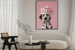 Plakat: Adorable dalmatian dog with wreath on pink background. dog portrait