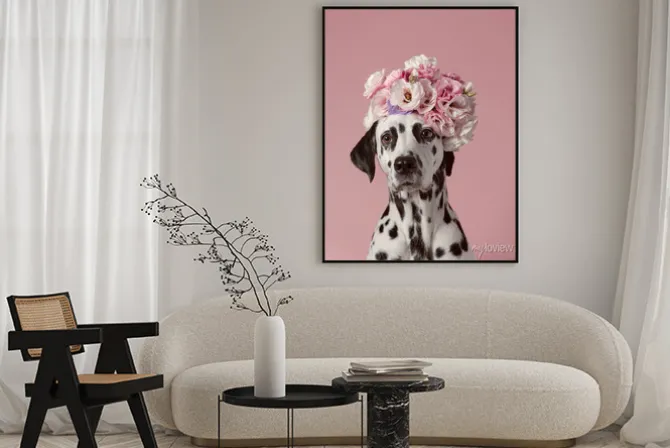 Plakat: Adorable dalmatian dog with wreath on pink background. dog portrait