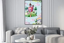 Plakat: Akwarela bajkowy wzór witn jednorożca, chmura i zamek. ręcznie