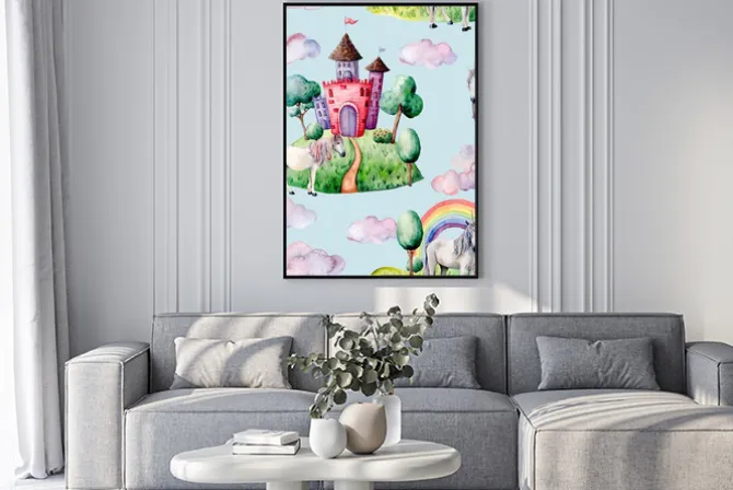 Plakat: Akwarela bajkowy wzór witn jednorożca, chmura i zamek. ręcznie