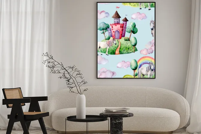 Plakat: Akwarela bajkowy wzór witn jednorożca, chmura i zamek. ręcznie