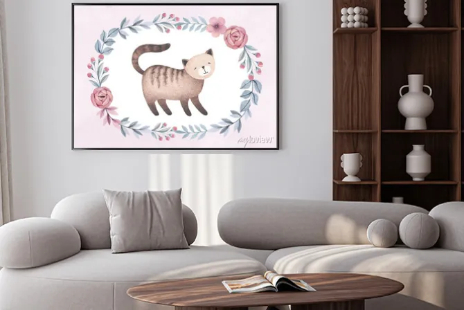 Plakat: Akwarela ilustracja ładny kot. idealny na kartkę z życzeniami