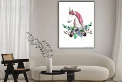 Plakat: Akwarela logo z cute jednorożca, kwiaty, liście i gałęzie. ręcznie