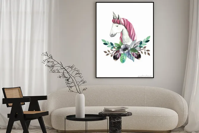 Plakat: Akwarela logo z cute jednorożca, kwiaty, liście i gałęzie. ręcznie