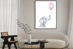 Plakat: Akwarelowa ilustracja słonika z różowym balonem