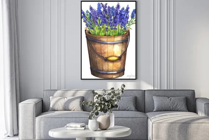 Plakat: Akwarelowa ilustracja z lawendą w wiaderku
