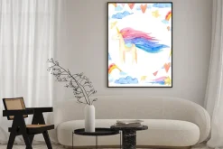 Plakat: Akwarelowa ramka z jednorożcem i chmurkami