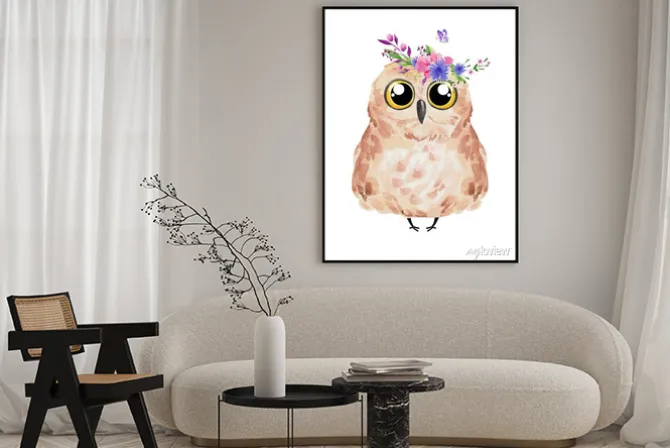 Plakat: Akwarelowa sowa z kwiatami i motylem dla dzieci