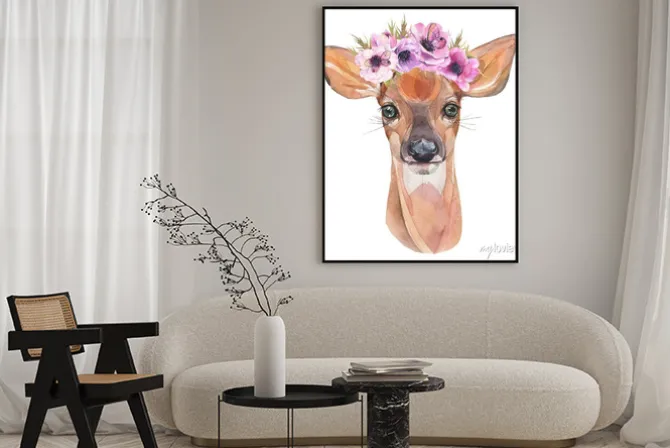 Plakat: Akwarelowy jelonek w wianku