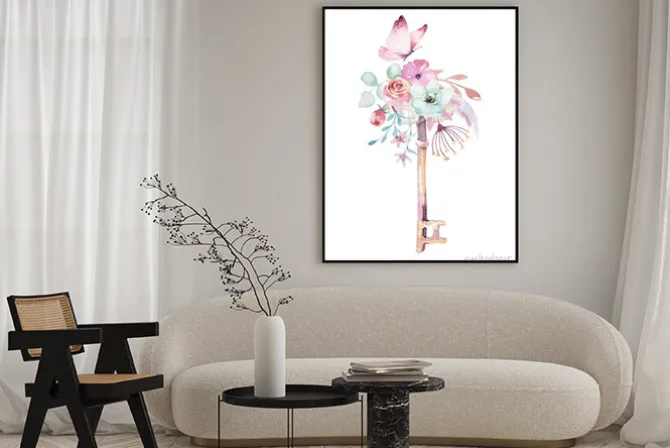 Plakat: Akwarelowy klucz z motylem i kwiatami