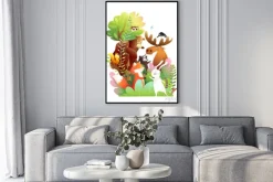 Plakat: Animals of the forest together on a big tree. bear, moose, rabbit,