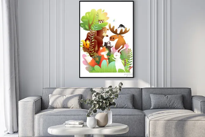 Plakat: Animals of the forest together on a big tree. bear, moose, rabbit,