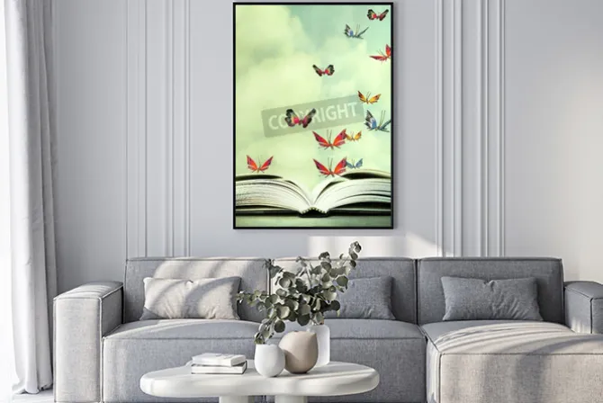 Plakat: Artystyczny obraz otwartej książki i kolorowe motyle, które unoszą