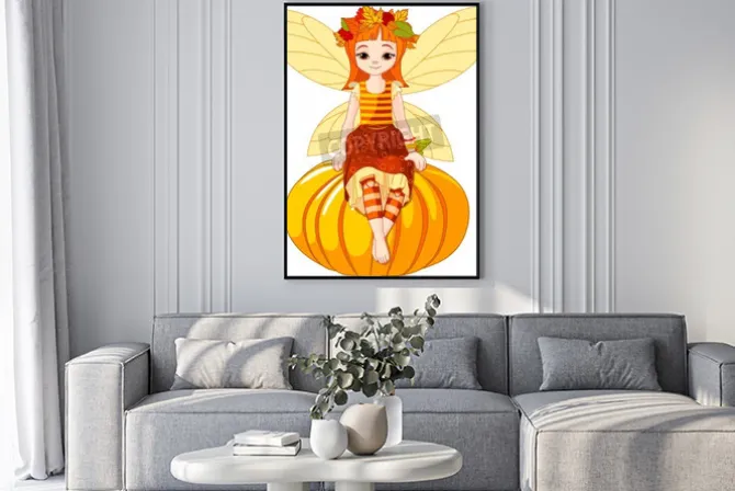 Plakat: Autumn fairy girl sitting on pumpkin