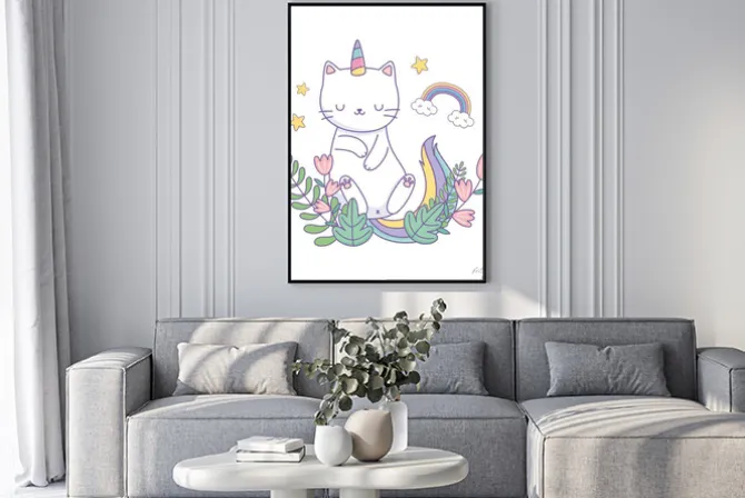 Plakat: Bajkowy kotek z rogiem jednorożca i tęczą