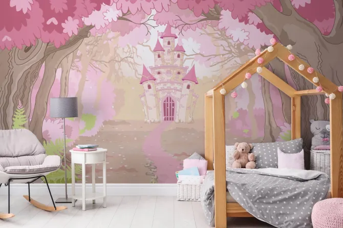 Plakat: Bajkowy zamek w magicznej różowej krainie