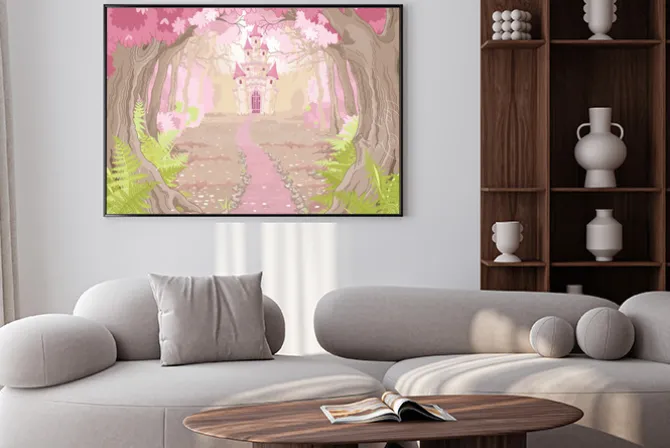 Plakat: Bajkowy zamek w magicznej różowej krainie