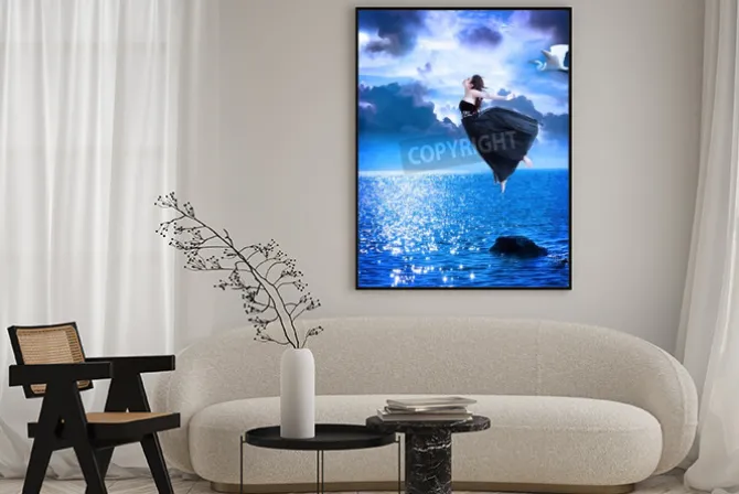 Plakat: Beautiful girl jumping into the blue night sky with white egret