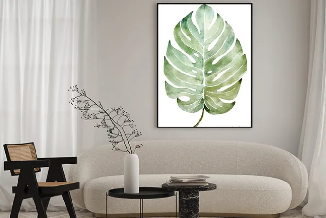 Plakat: Beautiful watercolor tropical leaf painted on white paper, top