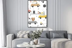 Plakat: Bezszwowy dziecko wzór z ślicznym lisem, królik w samochodzie.