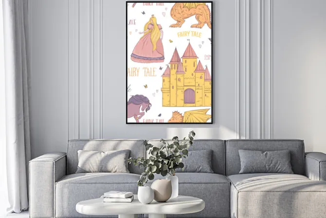 Plakat: Bezszwowy wzór z książe, princess, kasztel, smok, czarodziejka,