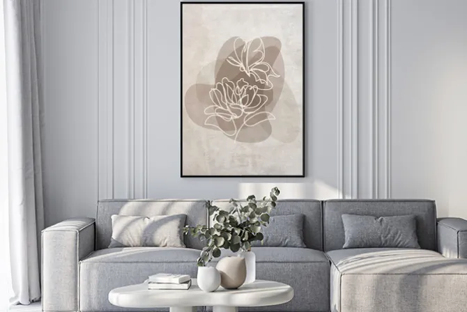 Plakat: Białe kwiaty w stylu lineart na akwarelowym beżowym tle