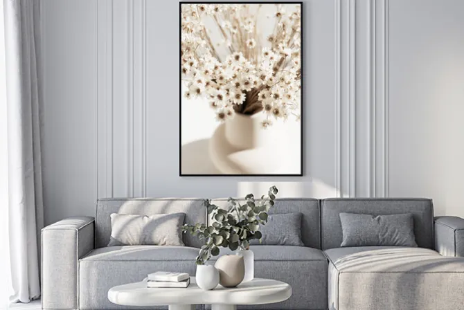 Plakat: Białe kwiaty w wazonie w stylu boho