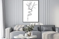 Plakat: Black ink dots drawing sketch of bamboo branch isolated on white