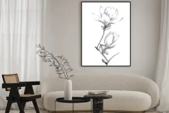 Plakat: Black-white illustration with a pencil. white magnolia. elegant