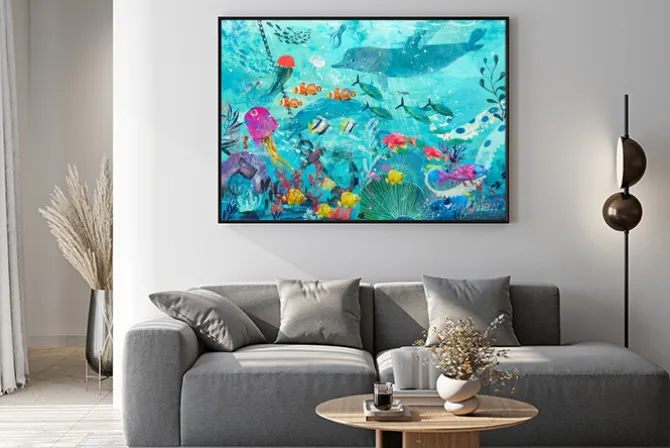 Plakat: Blue underwater background with fish