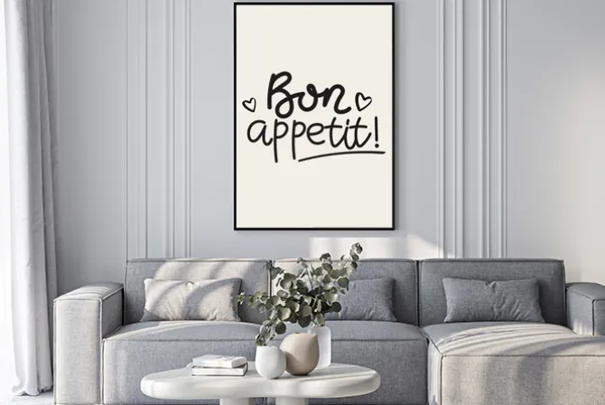 Plakat: Bon appetit - napis na beżowym tle