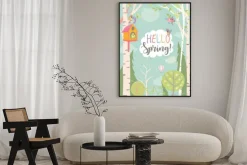 Plakat: Cartoon frame with spring forest and birds