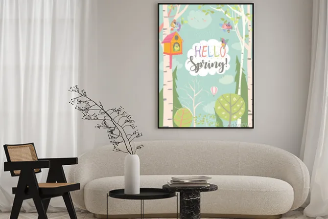 Plakat: Cartoon frame with spring forest and birds