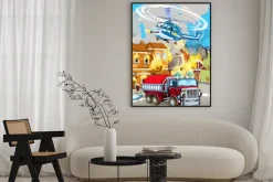 Plakat: Cartoon scene with fireman car vehicle near burning building