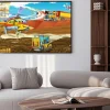 Plakat: Cartoon scene with industry cars on construction site and flying